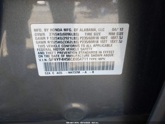 Продаж на аукціоні авто 2012 Honda Pilot Ex-l, vin: 5FNYF4H56CB054711, номер лоту: 46111676