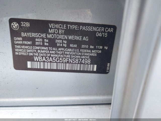 Aukcja sprzedaży 2015 Bmw 3 Series 328i, vin: WBA3A5G59FNS87498, numer aukcji: 46111677