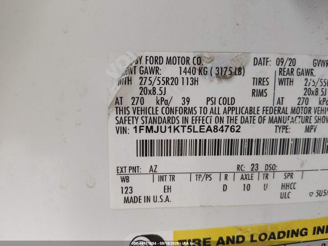 46111684 :رقم المزاد ، 1FMJU1KT5LEA84762 vin ، 2020 Ford Expedition Limited مزاد بيع