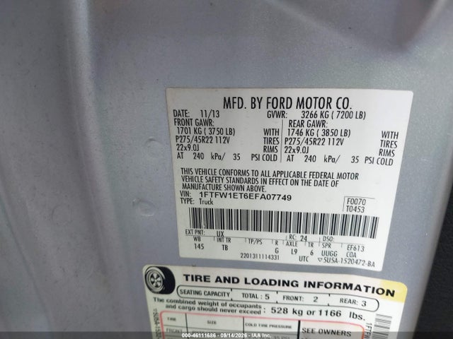 46111686 :رقم المزاد ، 1FTFW1ET6EFA07749 vin ، 2014 Ford F-150 Limited مزاد بيع