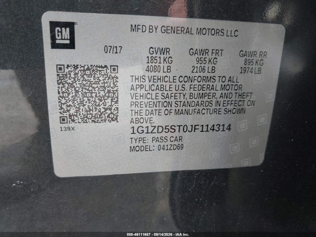 46111687 :رقم المزاد ، 1G1ZD5ST0JF114314 vin ، 2018 Chevrolet Malibu Lt مزاد بيع