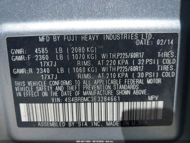 Subaru Outback 2.5i Limited 2014 4S4BRBMC3E3284661 Image 9