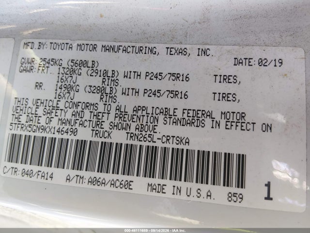 46111689 :رقم المزاد ، 5TFRX5GN9KX146490 vin ، 2019 Toyota Tacoma Sr مزاد بيع
