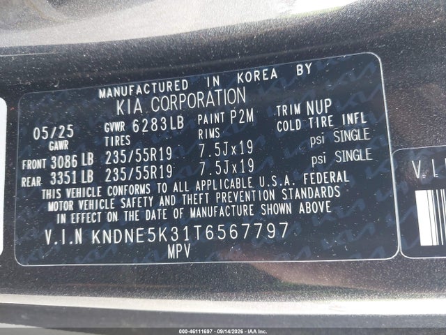 46111697 :رقم المزاد ، KNDNE5K31T6567797 vin ، 2026 Kia Carnival Mpv Sx مزاد بيع