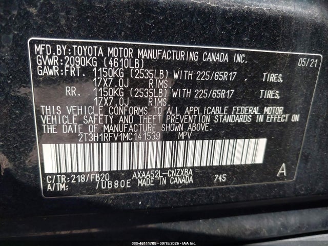 Aukcja sprzedaży 2021 Toyota Rav4 Le, vin: 2T3H1RFV1MC141539, numer aukcji: 46111705