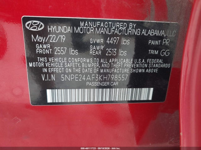 46111723 :رقم المزاد ، 5NPE24AF3KH798557 vin ، 2019 Hyundai Sonata Se مزاد بيع