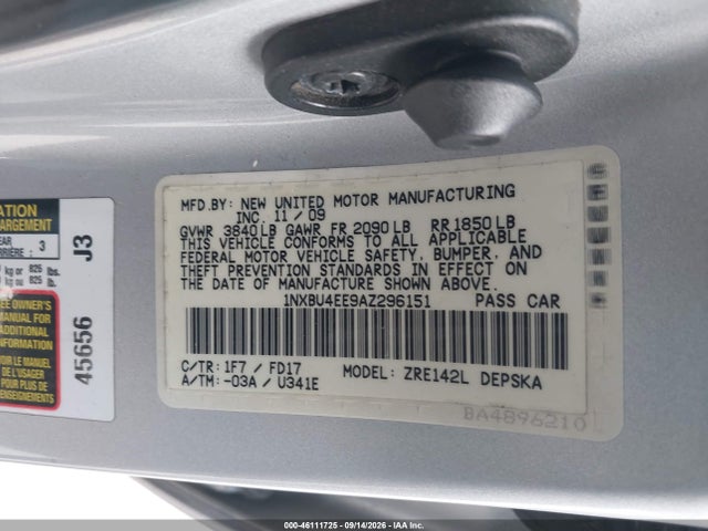 Aukcja sprzedaży 2010 Toyota Corolla S, vin: 1NXBU4EE9AZ296151, numer aukcji: 46111725