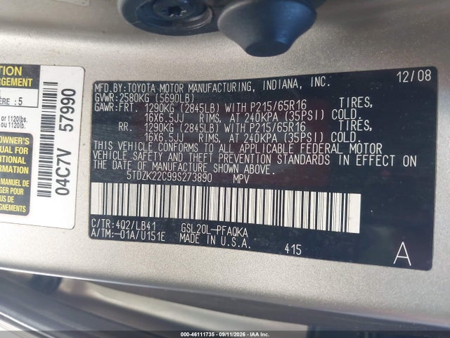 Продажа на аукционе авто 2009 Toyota Sienna Xle, vin: 5TDZK22C99S273890, номер лота: 46111735