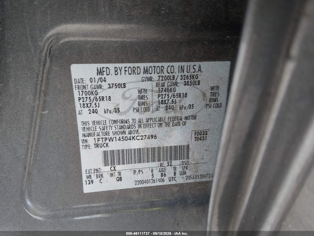 46111737 :رقم المزاد ، 1FTPW14504KC27496 vin ، 2004 Ford F-150 Fx4/lariat/xlt مزاد بيع