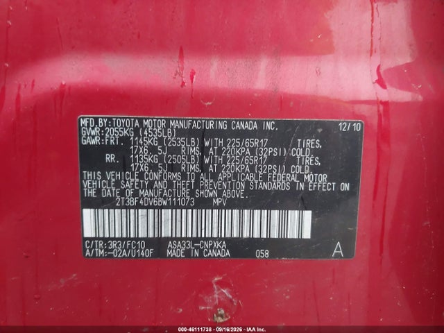 Aukcja sprzedaży 2011 Toyota Rav4, vin: 2T3BF4DV6BW111073, numer aukcji: 46111738