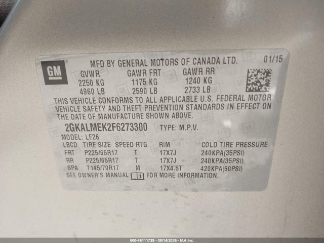 46111739 :رقم المزاد ، 2GKALMEK2F6273300 vin ، 2015 Gmc Terrain Sle-1 مزاد بيع