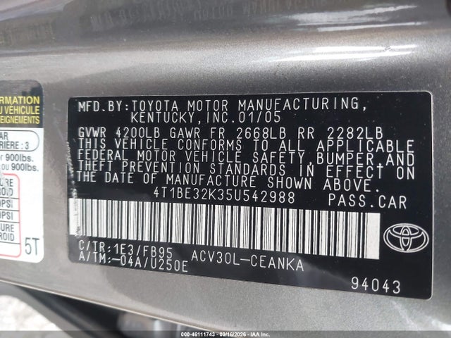 Продажа на аукционе авто 2005 Toyota Camry Std, vin: 4T1BE32K35U542988, номер лота: 46111743