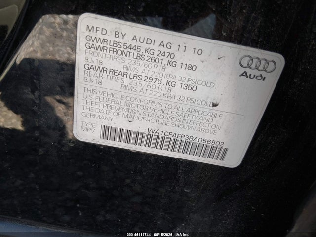 46111744 :رقم المزاد ، WA1CFAFP3BA056902 vin ، 2011 Audi Q5 2.0t Premium مزاد بيع
