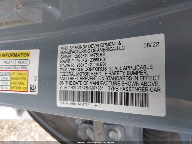 Продаж на аукціоні авто 2022 Honda Accord Sport Special Edition, vin: 1HGCV1F45NA074354, номер лоту: 46111755