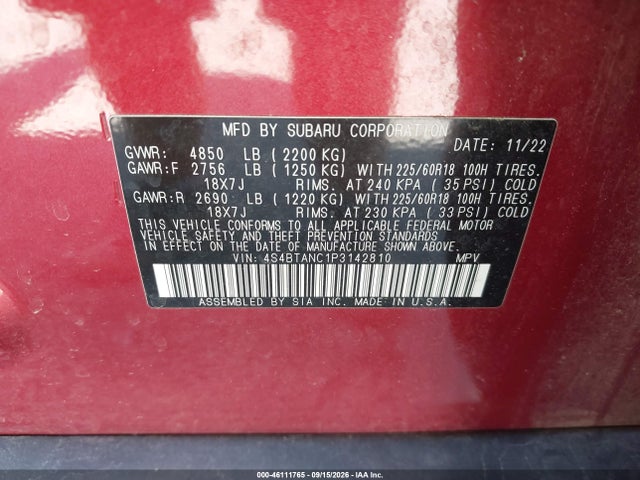 46111765 :رقم المزاد ، 4S4BTANC1P3142810 vin ، 2023 Subaru Outback Limited مزاد بيع