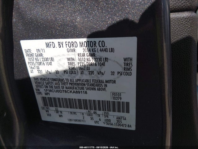 46111775 :رقم المزاد ، 1FMCU0D78CKA89118 vin ، 2012 Ford Escape Xlt مزاد بيع
