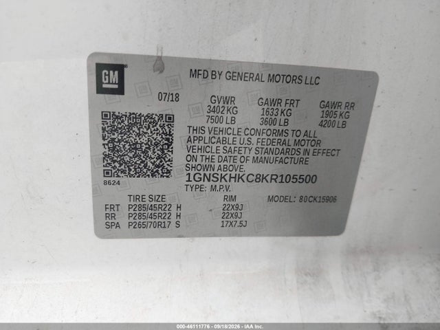 Aukcja sprzedaży 2019 Chevrolet Suburban Lt, vin: 1GNSKHKC8KR105500, numer aukcji: 46111776