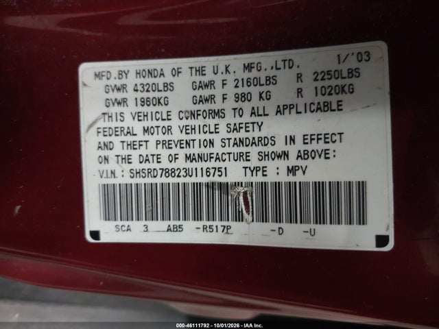 46111792 :رقم المزاد ، SHSRD78823U116751 vin ، 2003 Honda Cr-v Ex مزاد بيع