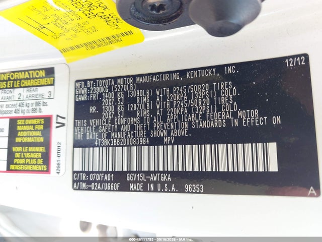 Продажа на аукционе авто 2013 Toyota Venza Le V6, vin: 4T3BK3BB2DU083984, номер лота: 46111793