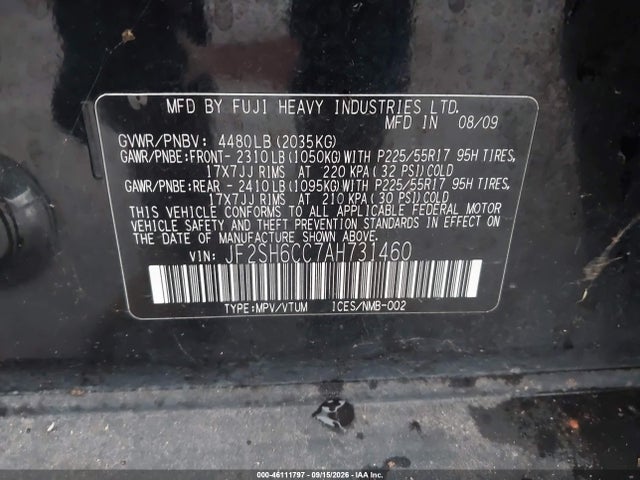 Aukcja sprzedaży 2010 Subaru Forester 2.5x Premium, vin: JF2SH6CC7AH731460, numer aukcji: 46111797