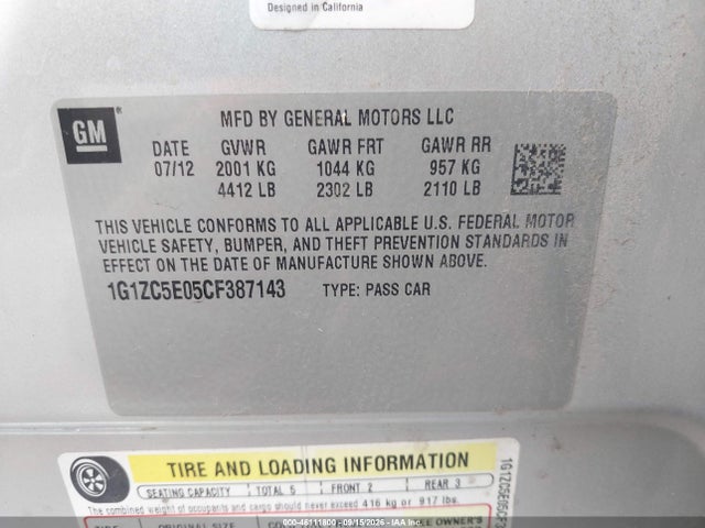 46111800 :رقم المزاد ، 1G1ZC5E05CF387143 vin ، 2012 Chevrolet Malibu 1lt مزاد بيع