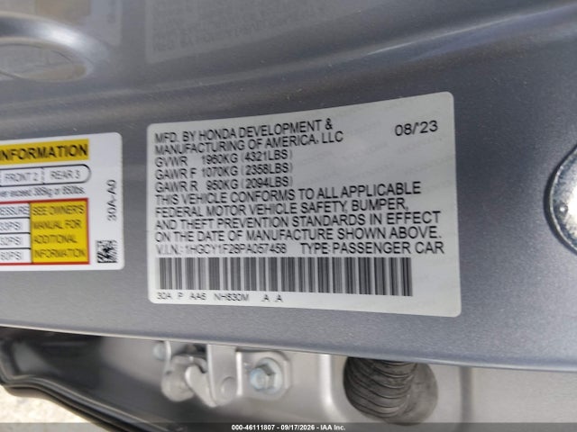 46111807 :رقم المزاد ، 1HGCY1F28PA057458 vin ، 2023 Honda Accord Lx مزاد بيع