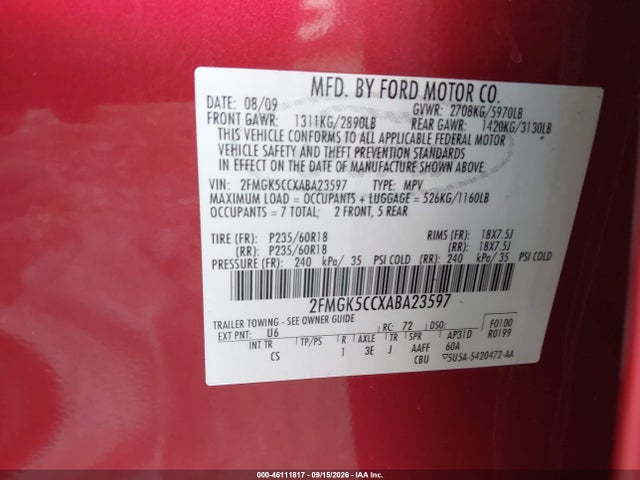 Продаж на аукціоні авто 2010 Ford Flex Sel, vin: 2FMGK5CCXABA23597, номер лоту: 46111817