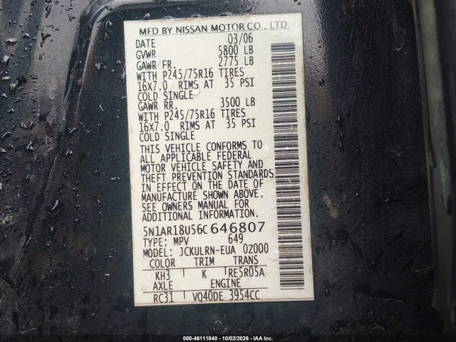 46111840 :رقم المزاد ، 5N1AR18U56C646807 vin ، 2006 Nissan Pathfinder S مزاد بيع