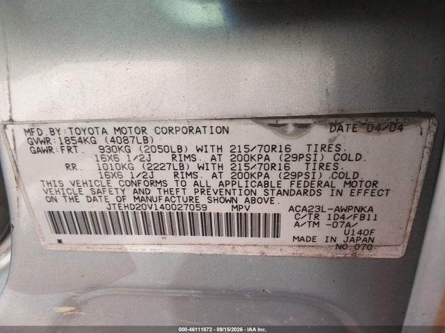 Aukcja sprzedaży 2004 Toyota Rav4, vin: JTEHD20V140027059, numer aukcji: 46111872