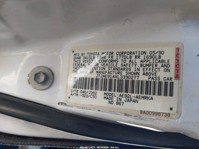 46111875 :رقم المزاد ، JT2AE91AXL3390277 vin ، 1990 Toyota Corolla مزاد بيع