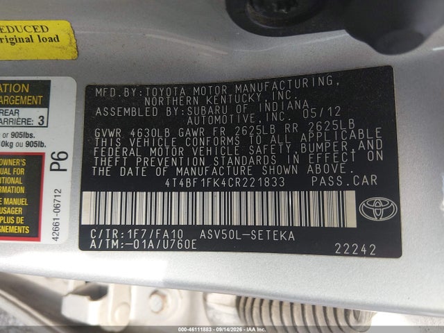Aukcja sprzedaży 2012 Toyota Camry L, vin: 4T4BF1FK4CR221833, numer aukcji: 46111883
