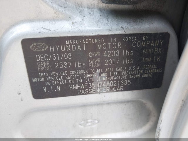 Продаж на аукціоні авто 2004 Hyundai Sonata Gls/lx, vin: KMHWF35H74A021335, номер лоту: 46111897