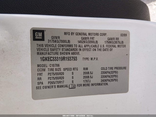 Aukcja sprzedaży 2009 Gmc Yukon Slt2, vin: 1GKEC33319R193793, numer aukcji: 46111898