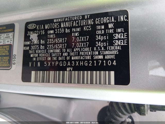 Aukcja sprzedaży 2017 Kia Sorento 2.4l Lx, vin: 5XYPGDA3XHG217104, numer aukcji: 46111899