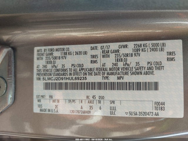 Продажа на аукционе авто 2017 Lincoln Mkc Select, vin: 5LMCJ2D91HUL69235, номер лота: 46111902