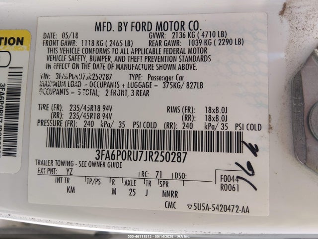 Продажа на аукционе авто 2018 Ford Fusion Hybrid Titanium, vin: 3FA6P0RU7JR250287, номер лота: 46111913