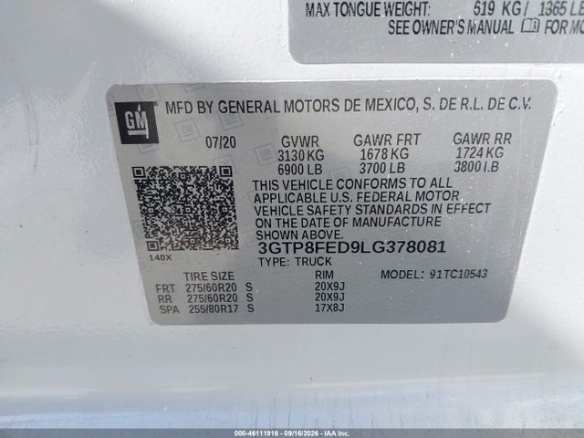 Продаж на аукціоні авто 2020 Gmc Sierra 1500 2wd  Short Box Denali, vin: 3GTP8FED9LG378081, номер лоту: 46111916