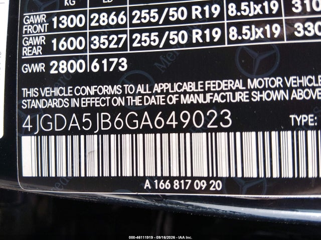 46111919 :رقم المزاد ، 4JGDA5JB6GA649023 vin ، 2016 Mercedes-benz Gle 350 مزاد بيع
