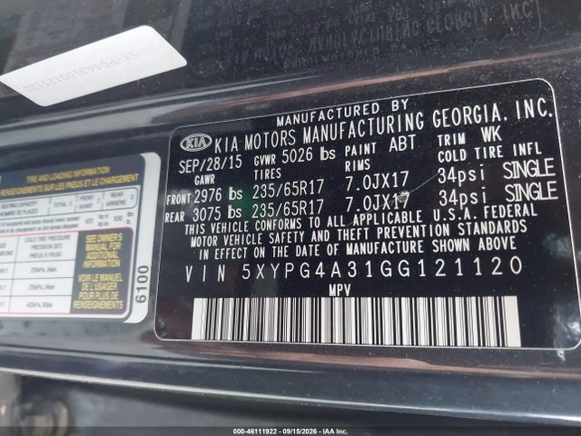 2016 Kia Sorento 2.4l Lx მანქანა იყიდება აუქციონზე, vin: 5XYPG4A31GG121120, აუქციონის ნომერი: 46111922