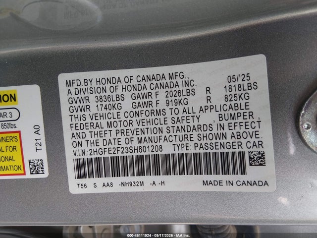 Продажа на аукционе авто 2025 Honda Civic Lx, vin: 2HGFE2F23SH601208, номер лота: 46111924