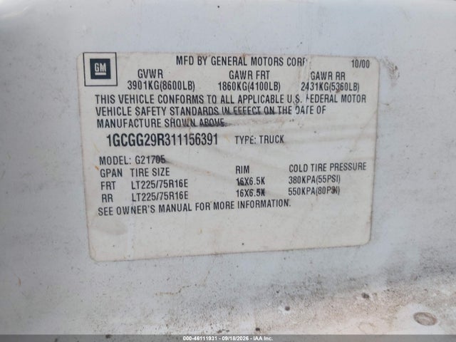 2001 Chevrolet Express მანქანა იყიდება აუქციონზე, vin: 1GCGG29R311156391, აუქციონის ნომერი: 46111931