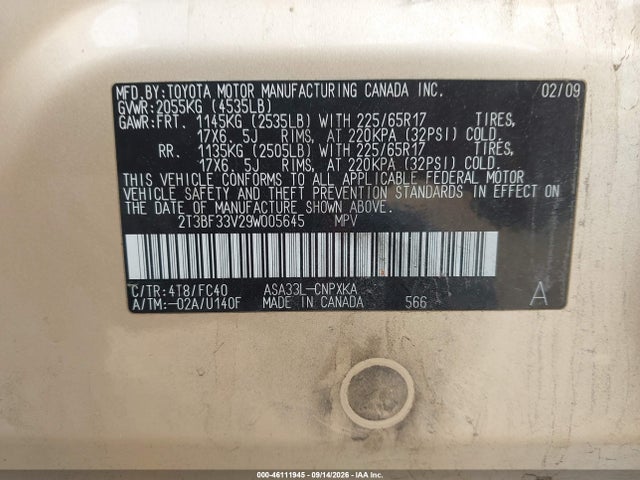 46111945 :رقم المزاد ، 2T3BF33V29W005645 vin ، 2009 Toyota Rav4 مزاد بيع