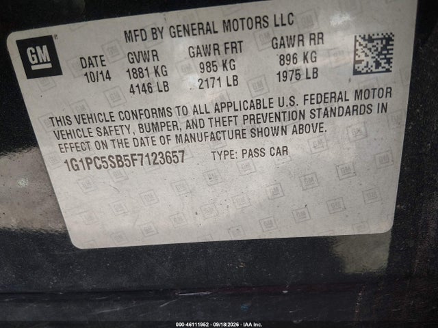 Auction sale of the 2015 Chevrolet Cruze 1lt Auto, vin: 1G1PC5SB5F7123657, lot number: 46111952