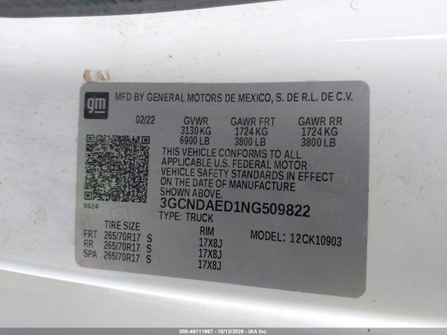 Aukcja sprzedaży 2022 Chevrolet Silverado 1500 4wd  Long Bed Wt, vin: 3GCNDAED1NG509822, numer aukcji: 46111967