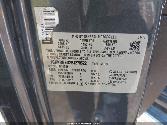 46111979 :رقم المزاد ، 1GKKRNED2BJ278522 vin ، 2011 Gmc Acadia Sl مزاد بيع