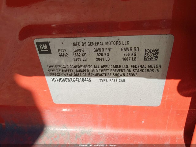 Продажа на аукционе авто 2012 Chevrolet Sonic 2lt, vin: 1G1JC6SBXC4210446, номер лота: 46111983