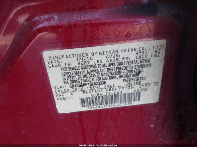 Aukcja sprzedaży 2011 Nissan Sentra 2.0s, vin: 3N1AB6AP1BL623536, numer aukcji: 46111986
