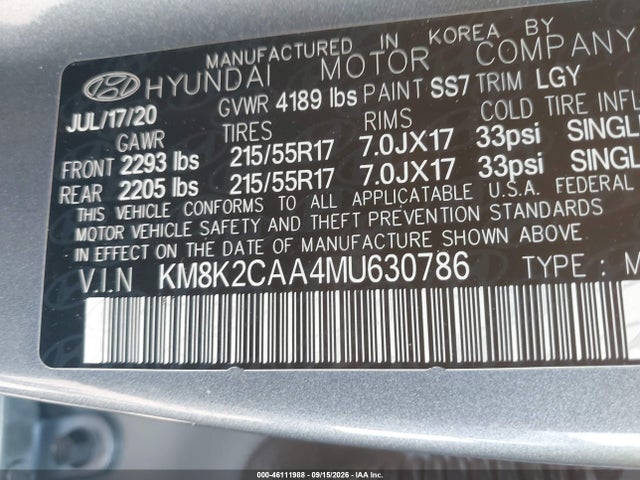 Aukcja sprzedaży 2021 Hyundai Kona Sel, vin: KM8K2CAA4MU630786, numer aukcji: 46111988