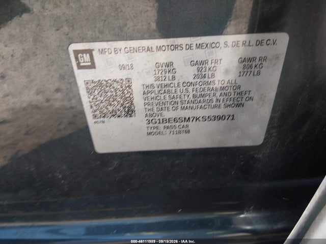 46111989 :رقم المزاد ، 3G1BE6SM7KS539071 vin ، 2019 Chevrolet Cruze Lt مزاد بيع