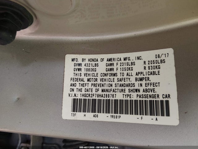 2017 Honda Accord Ex მანქანა იყიდება აუქციონზე, vin: 1HGCR2F78HA289767, აუქციონის ნომერი: 46112000
